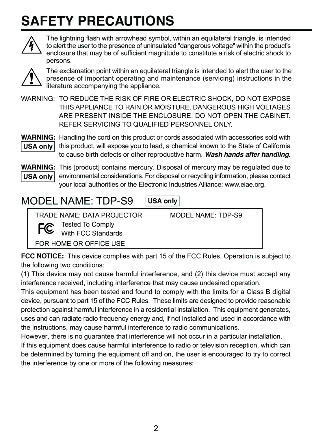 Toshiba TDP-S9 owner manual Safety Precautions, USA only 