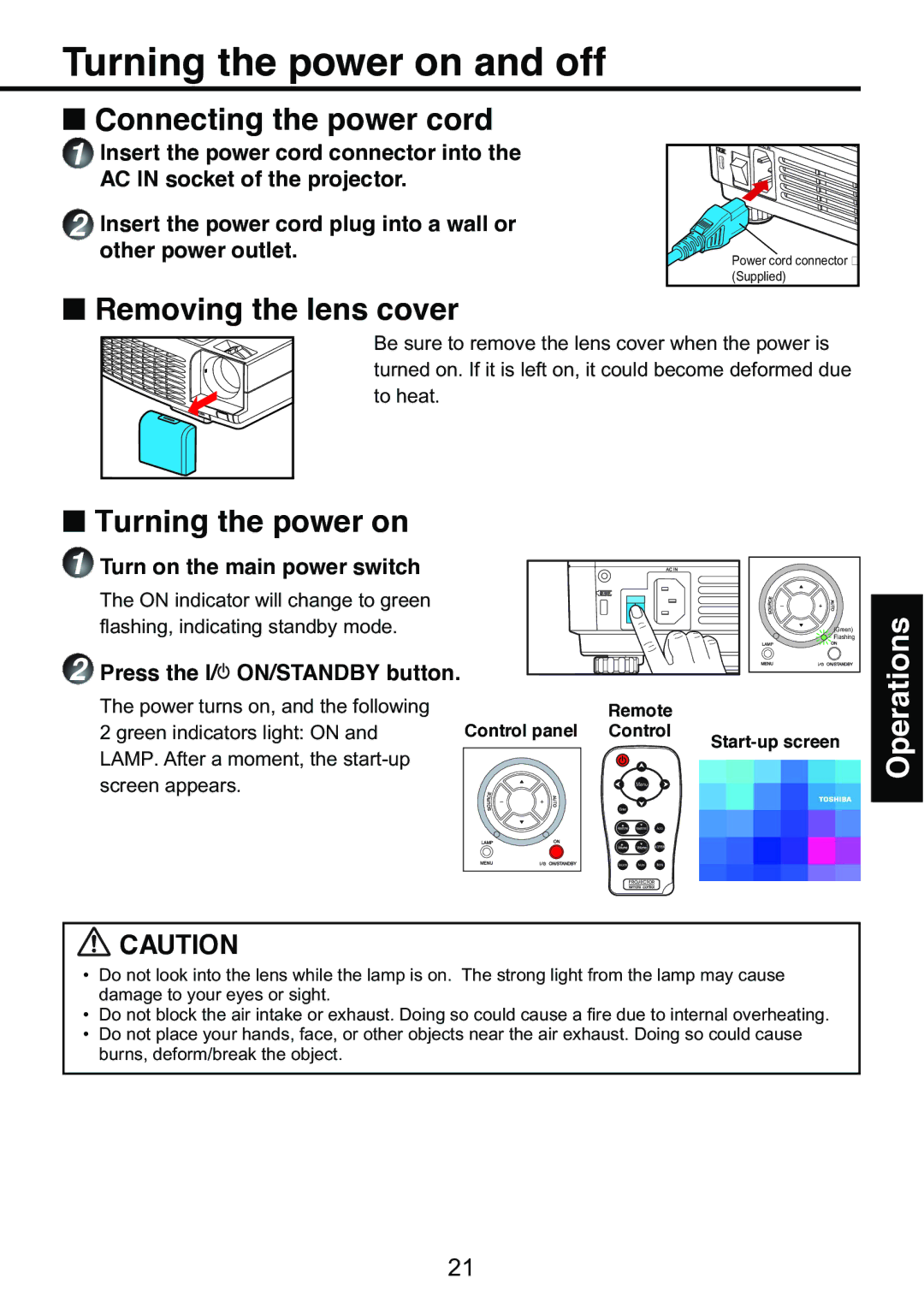 Toshiba TDP-S9 owner manual Turning the power on and off, Connecting the power cord, Removing the lens cover 