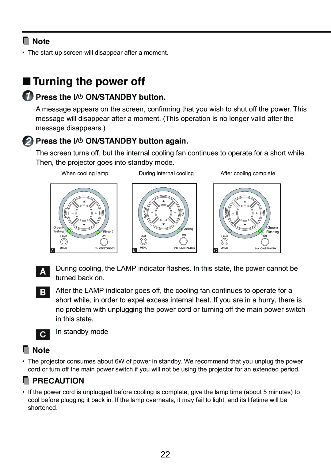 Toshiba TDP-S9 owner manual Turning the power off, Press the I/ ON/STANDBY button again 