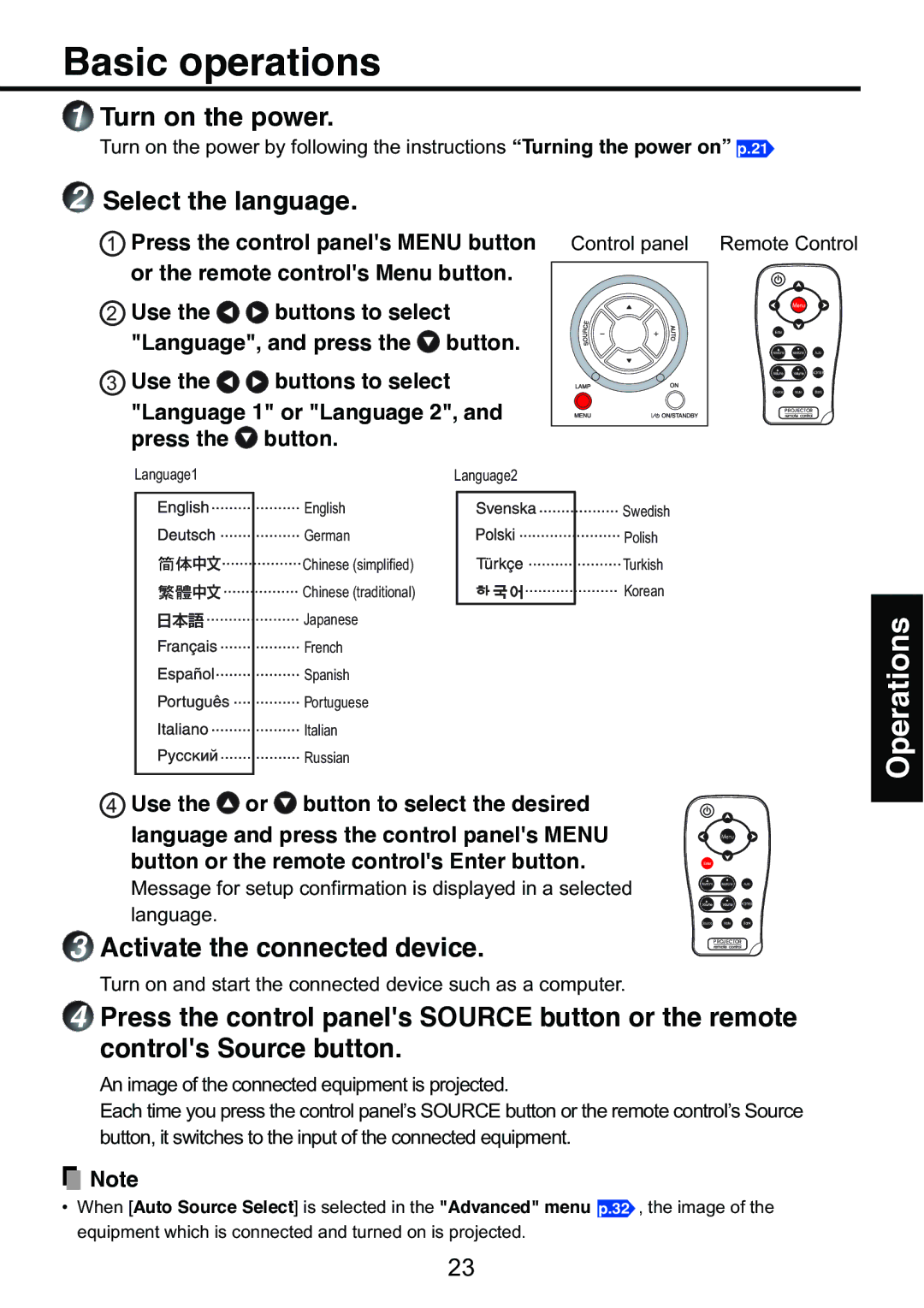 Toshiba TDP-S9 owner manual Basic operations, Turn on the power, Select the language, Activate the connected device 