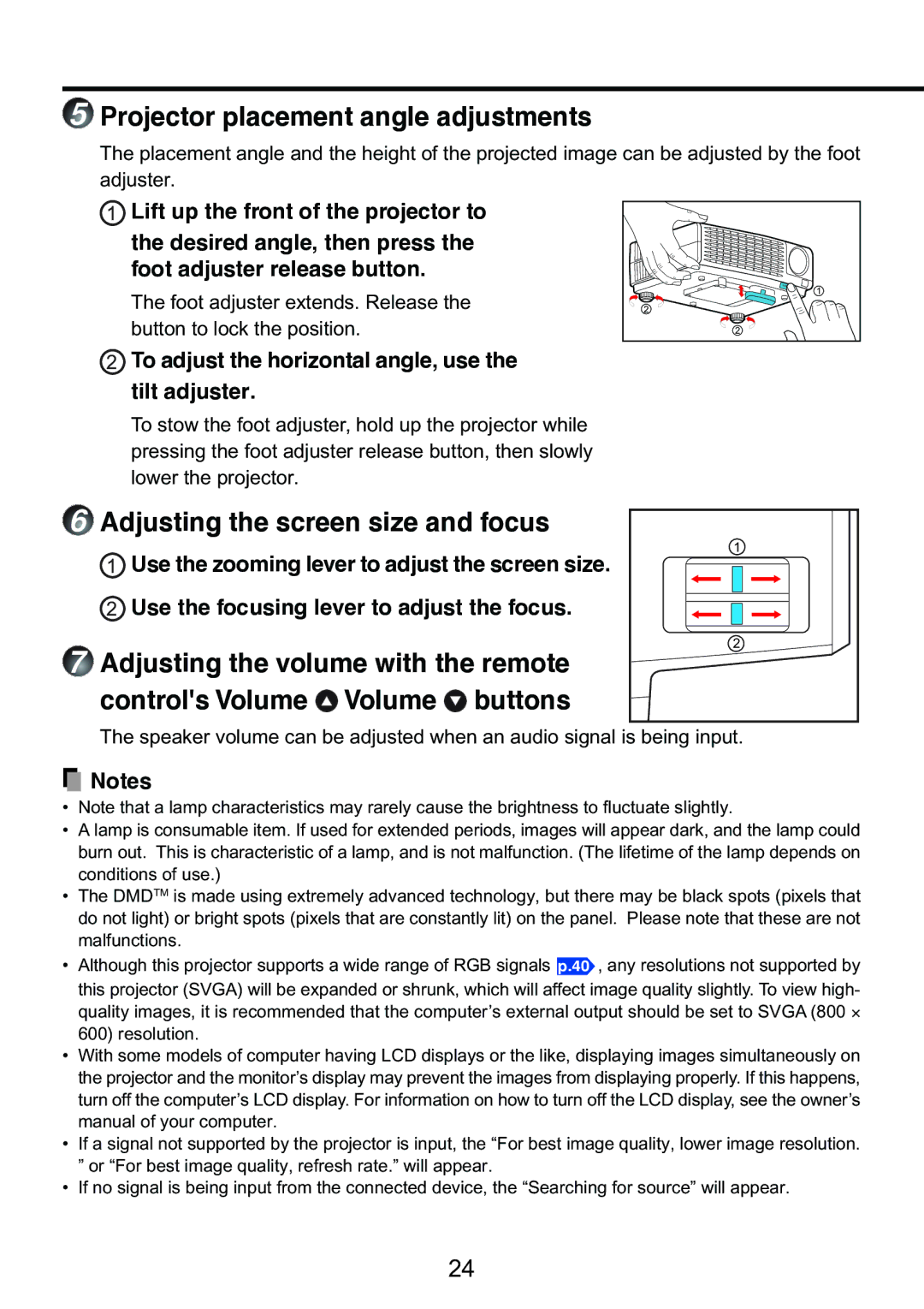 Toshiba TDP-S9 owner manual Projector placement angle adjustments, Adjusting the screen size and focus 