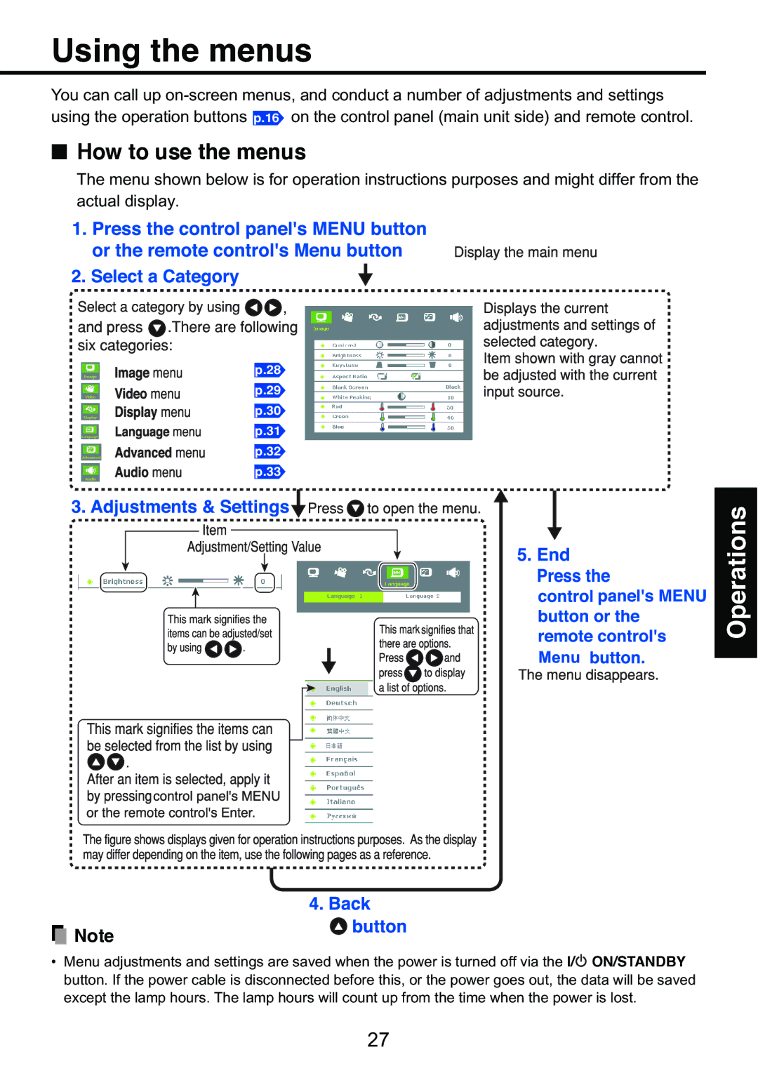 Toshiba TDP-S9 owner manual Using the menus, How to use the menus 