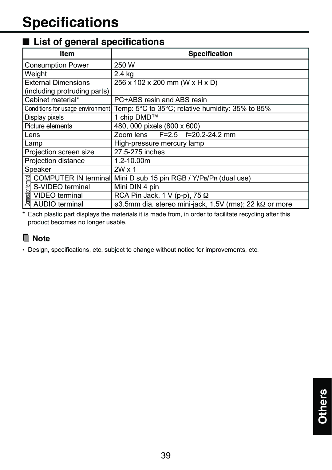 Toshiba TDP-S9 owner manual Specifications, List of general specifications 