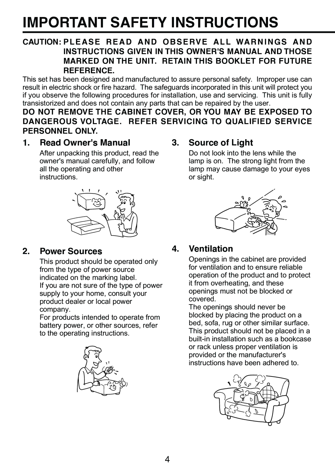 Toshiba TDP-S9 owner manual Important Safety Instructions, Source of Light 