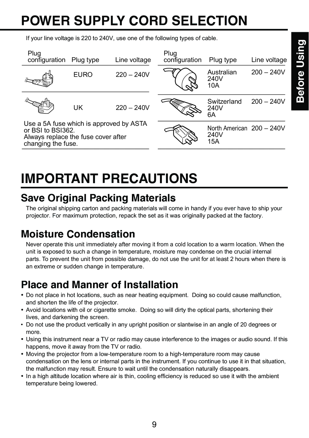 Toshiba TDP-S9 Power Supply Cord Selection, Important Precautions, Save Original Packing Materials, Moisture Condensation 