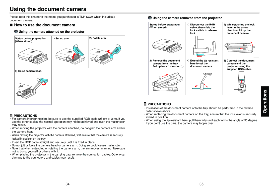 Toshiba TDP-SC25 Using the document camera, How to use the document camera, Using the camera removed from the projector 