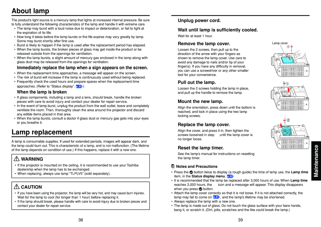 Toshiba TDP-SC25, TDP-S25 owner manual About lamp, Lamp replacement, Maintenance 