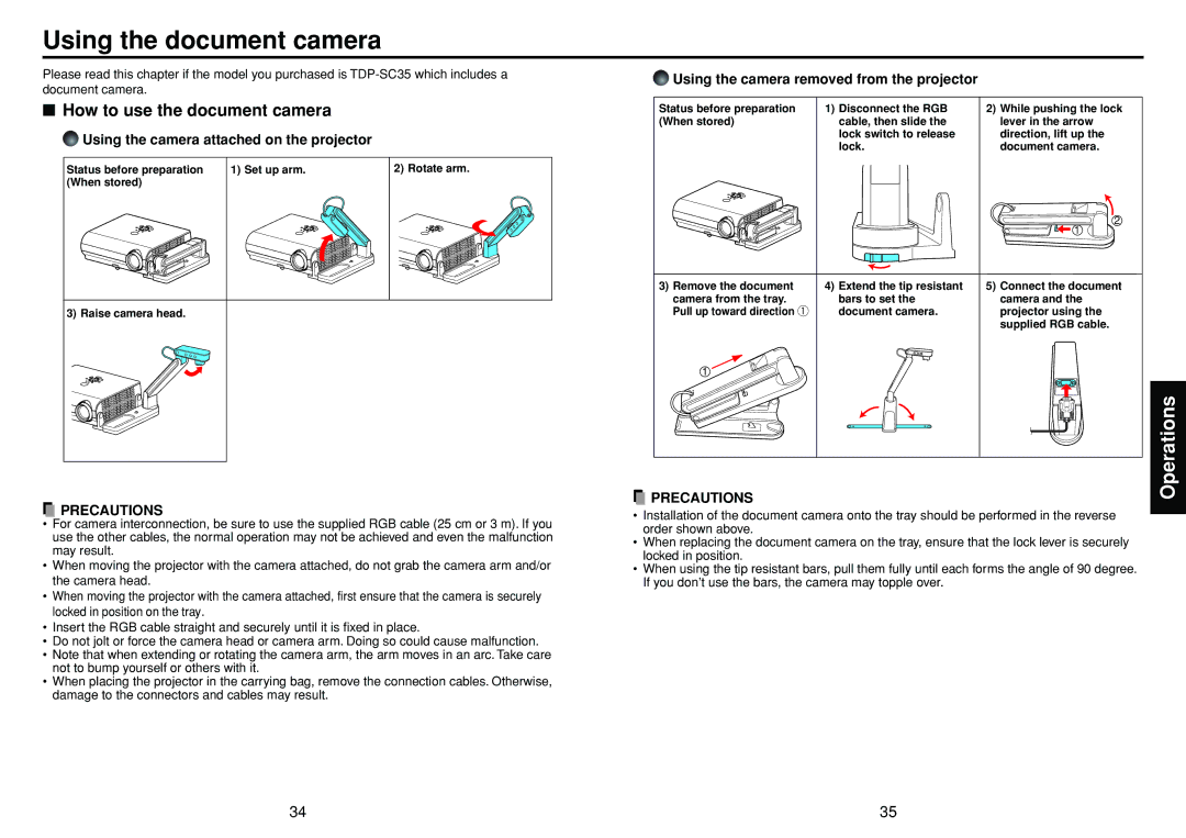 Toshiba TDP-SC35 Using the document camera, How to use the document camera, Using the camera removed from the projector 