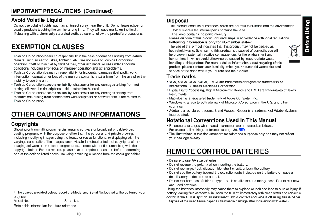 Toshiba TDP-SC35, TDP-S35 manual Exemption Clauses, Other Cautions and Informations, Remote Control Batteries 