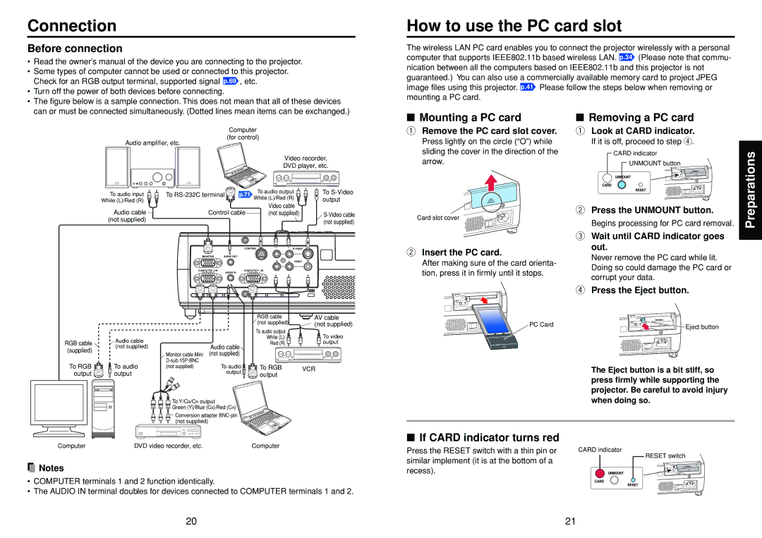 Toshiba TDP-SW20 manual Connection, How to use the PC card slot 