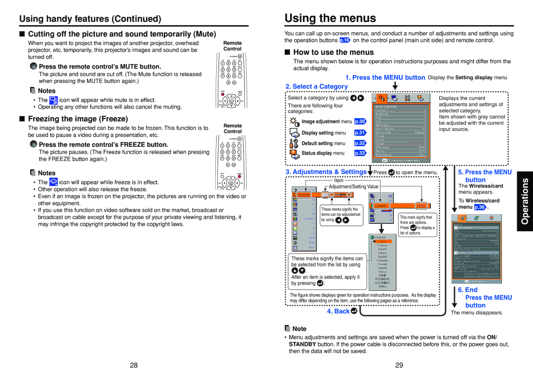 Toshiba TDP-SW20 manual Using the menus, Using handy features, Cutting off the picture and sound temporarily Mute 