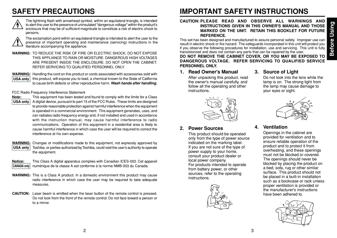 Toshiba TDP-SW20 manual Source of Light, Power Sources, Ventilation, Interference at his own expense Equipment 