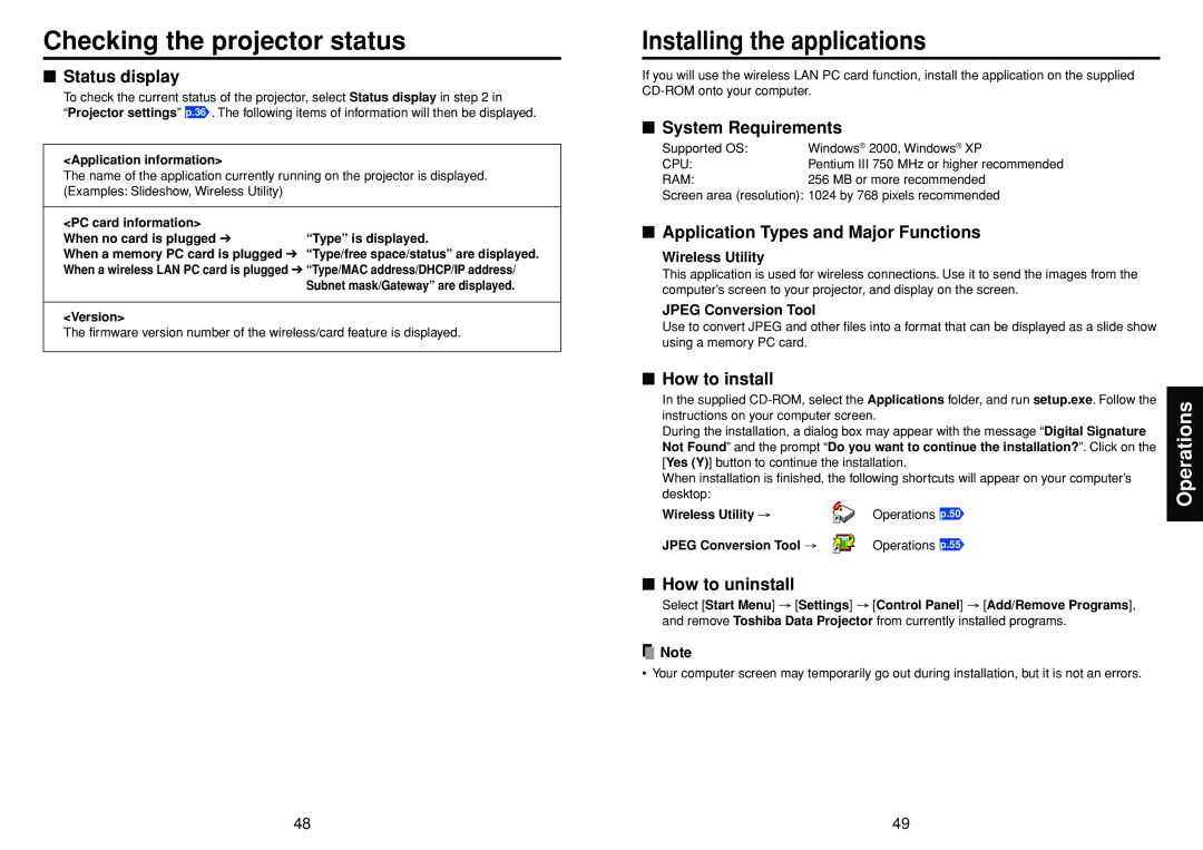 Toshiba TDP-SW20 manual Checking the projector status 