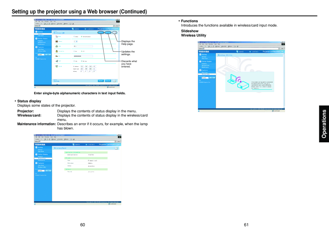 Toshiba TDP-SW20 manual Setting up the projector using a Web browser, Slideshow Wireless Utility 