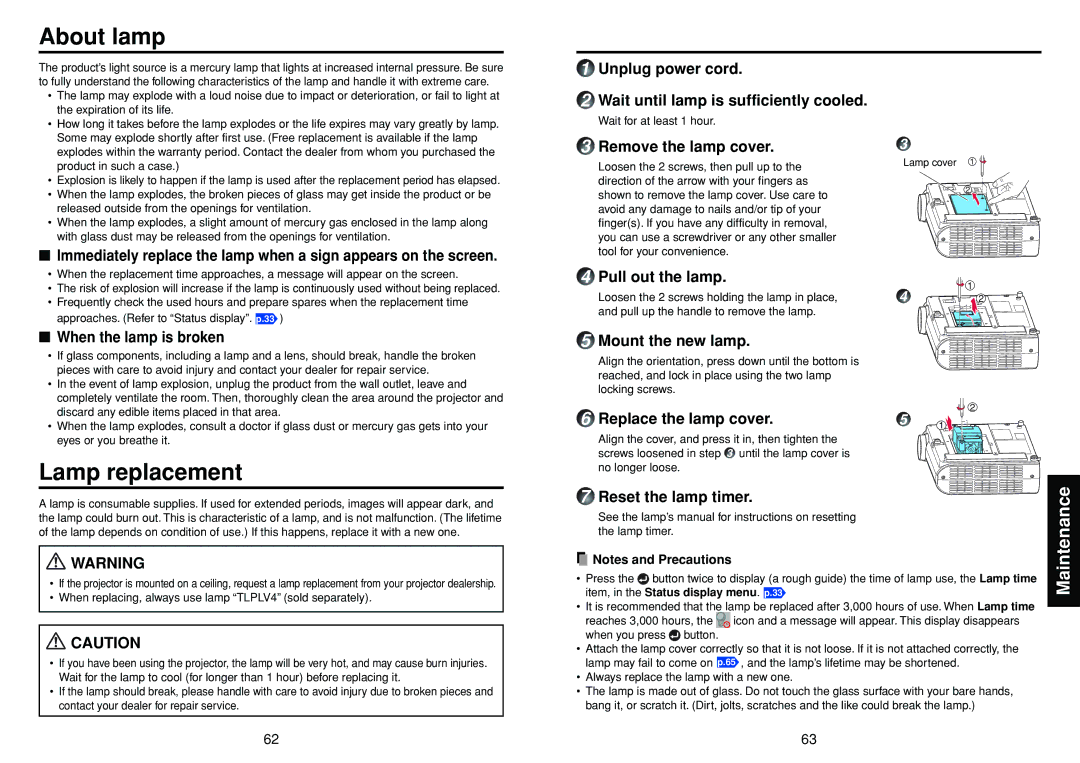 Toshiba TDP-SW20 manual About lamp, Lamp replacement 