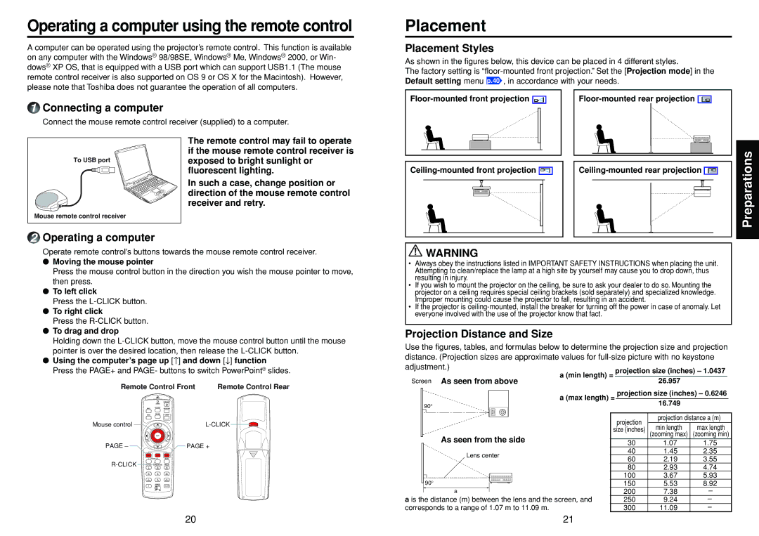 Toshiba TDP-T100 manual Connecting a computer, Placement Styles, Operating a computer, Projection Distance and Size 