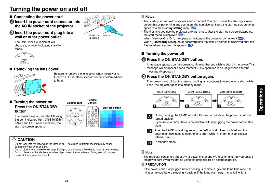 Toshiba TDP-T100 manual Turning the power on and off, Press the ON/STANDBY button again 