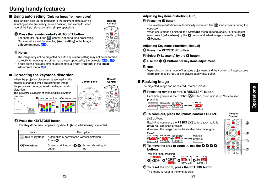 Toshiba TDP-T100 manual Using handy features, Correcting the keystone distortion, Resizing image 