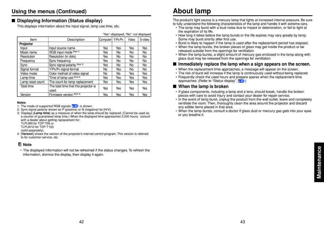 Toshiba TDP-T100 manual About lamp, Displaying Information Status display 