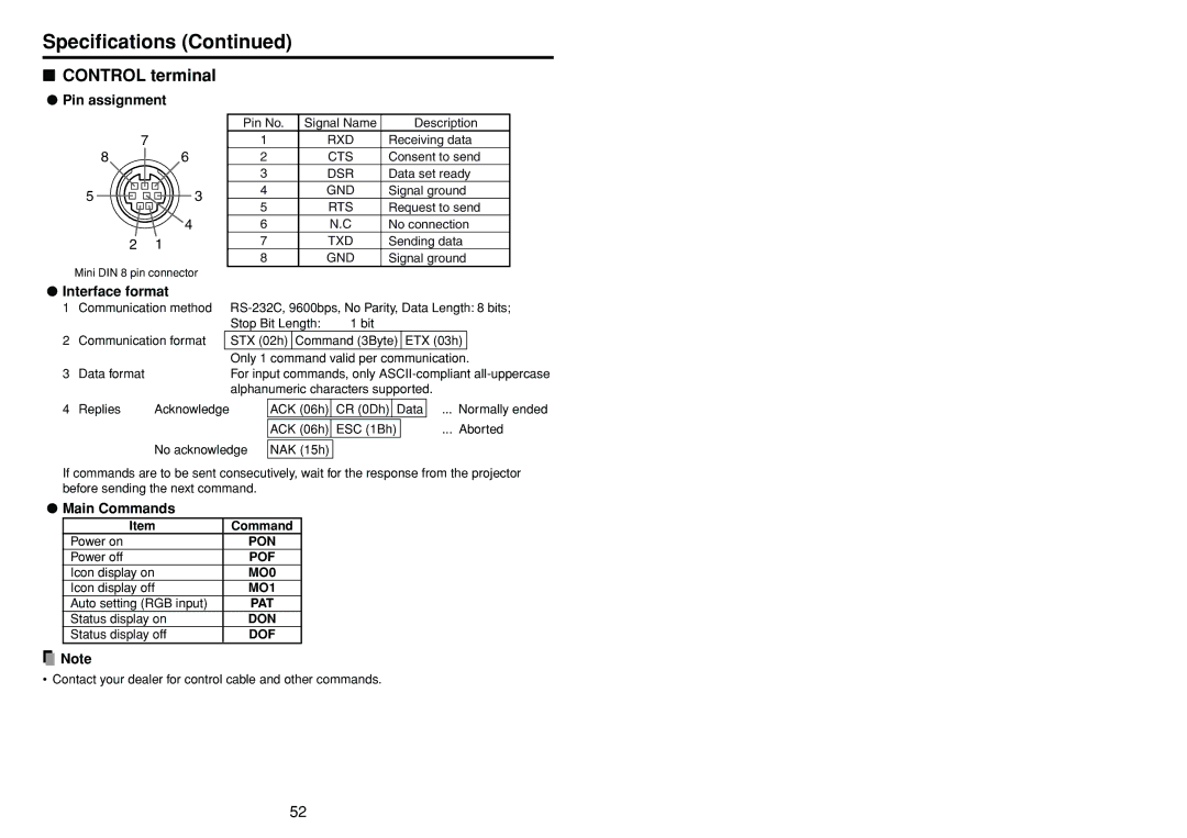 Toshiba TDP-T100 manual Control terminal, Pin assignment, Interface format, Main Commands 