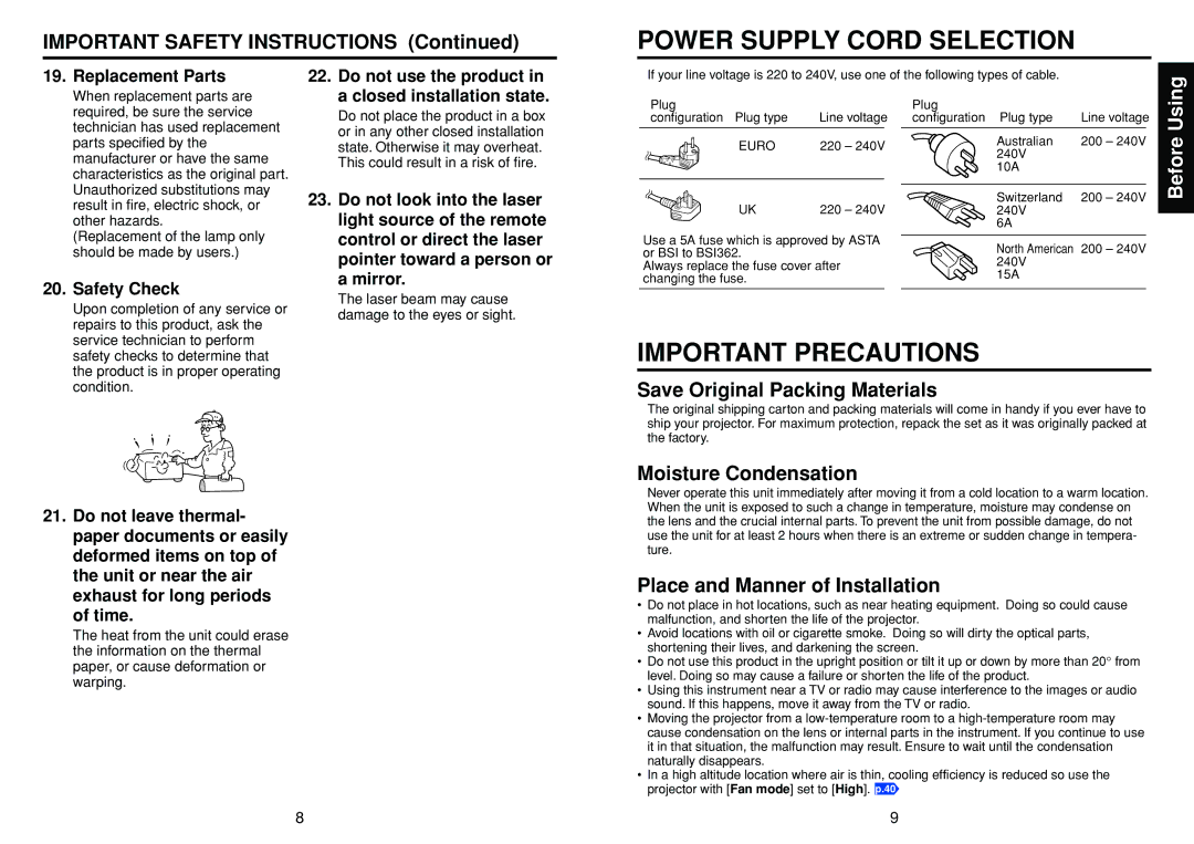 Toshiba TDP-T100 manual Power Supply Cord Selection, Important Precautions, Save Original Packing Materials 