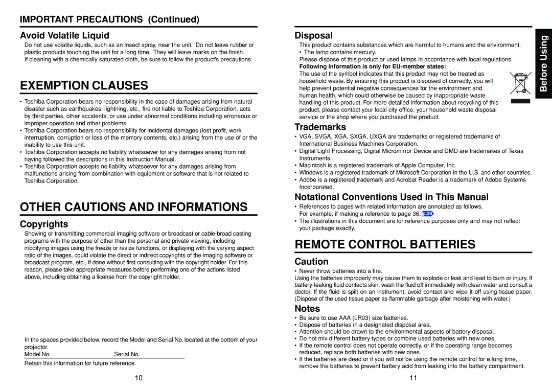 Toshiba TDP-T100 manual Exemption Clauses, Other Cautions and Informations, Remote Control Batteries 