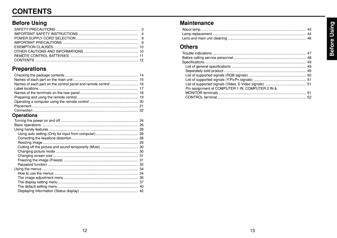 Toshiba TDP-T100 manual Contents 