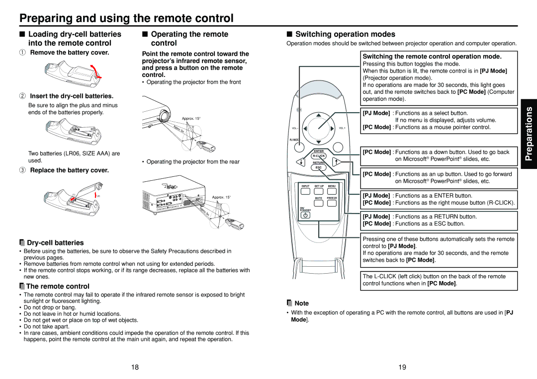 Toshiba TDP-T30 owner manual Preparing and using the remote control, Dry-cell batteries, Remote control 