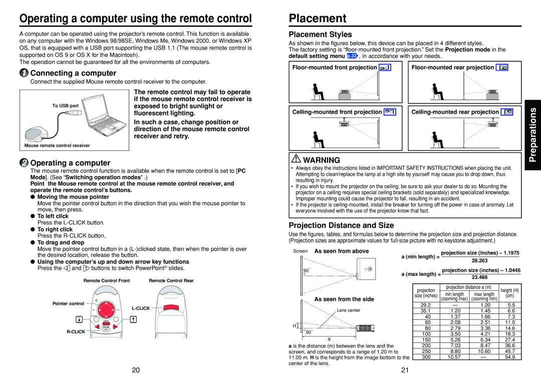 Toshiba TDP-T30 Connecting a computer, Placement Styles, Operating a computer, Projection Distance and Size 