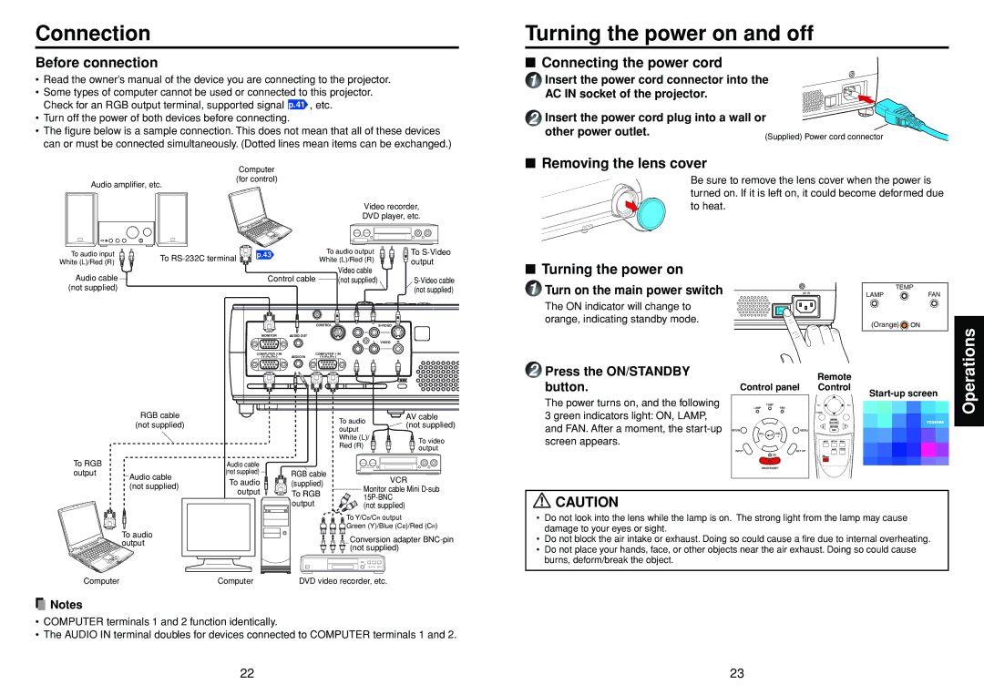 Toshiba TDP-T30 owner manual Connection, Turning the power on and off, Operations 