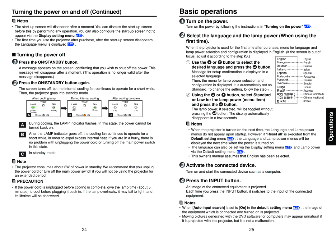 Toshiba TDP-T30 owner manual Basic operations, Turning the power on and off 