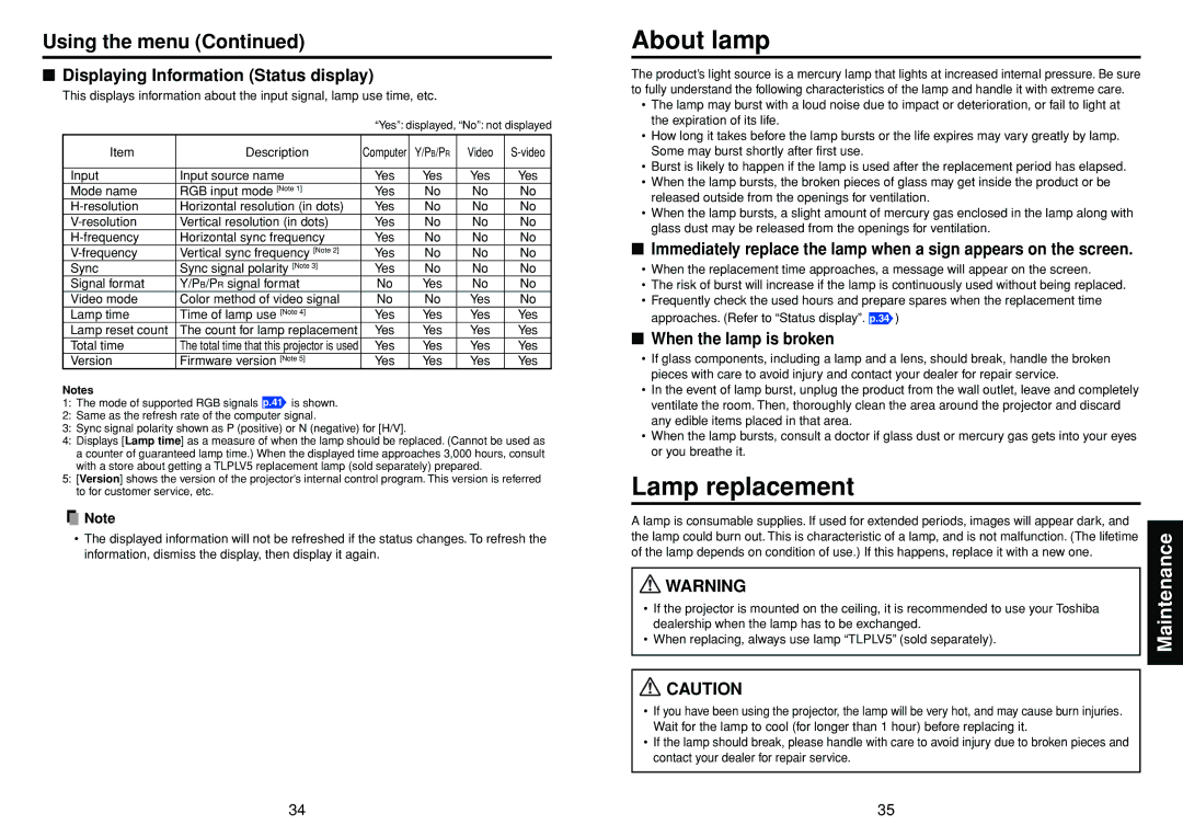 Toshiba TDP-T30 About lamp, Lamp replacement, Maintenance, Displaying Information Status display, When the lamp is broken 