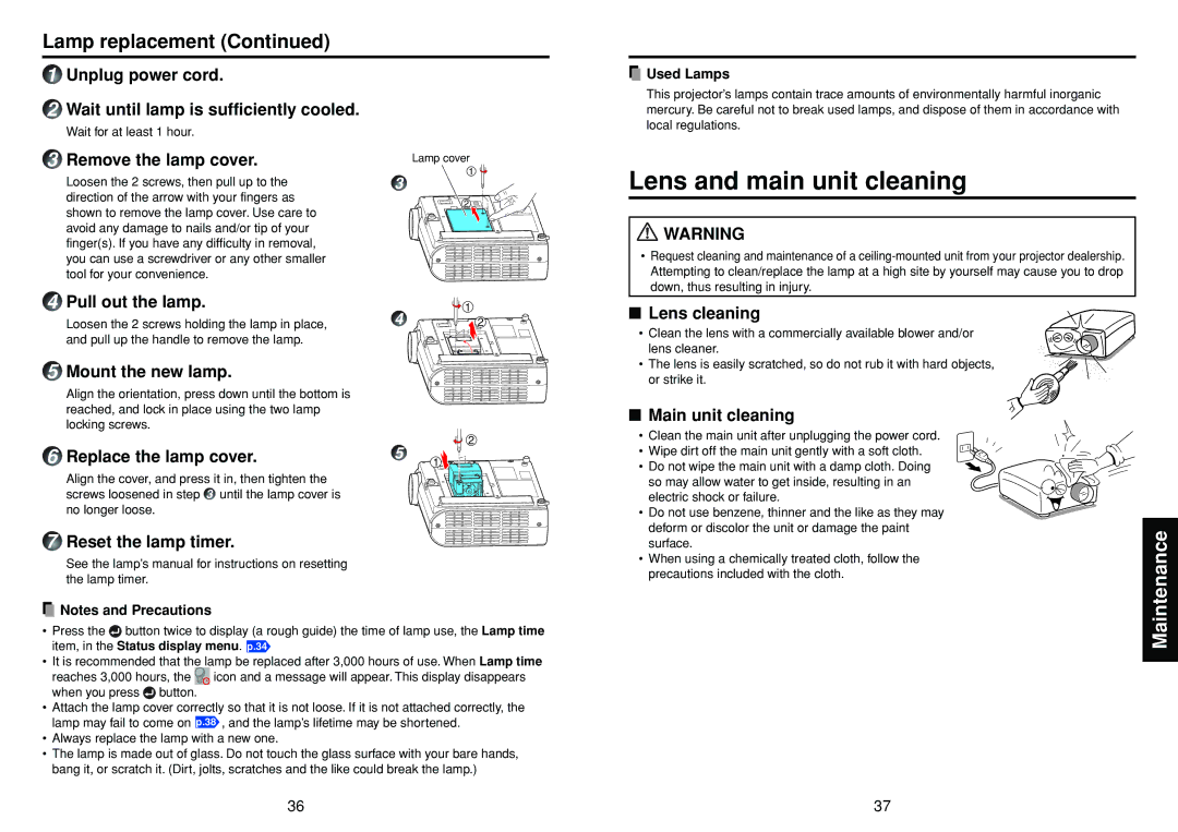 Toshiba TDP-T30 owner manual Lens and main unit cleaning, Lamp replacement 