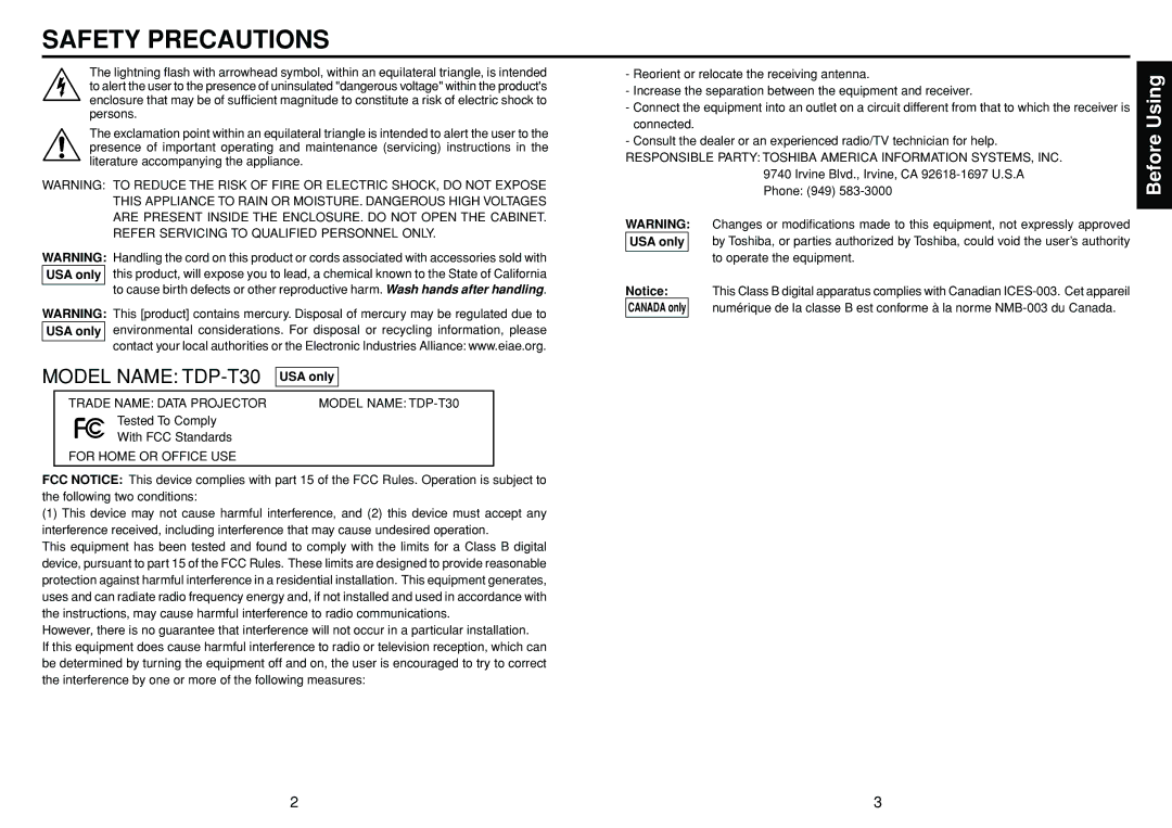 Toshiba TDP-T30 owner manual Safety Precautions, Before Using, USA only, Tested To Comply With FCC Standards 