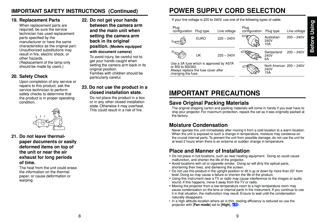 Toshiba TDP-T30 Power Supply Cord Selection, Important Precautions, Save Original Packing Materials, Moisture Condensation 