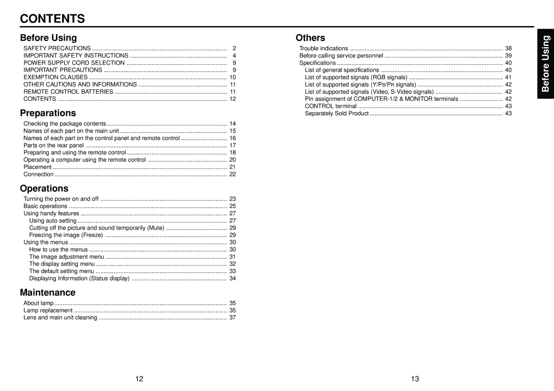 Toshiba TDP-T30 owner manual Contents 