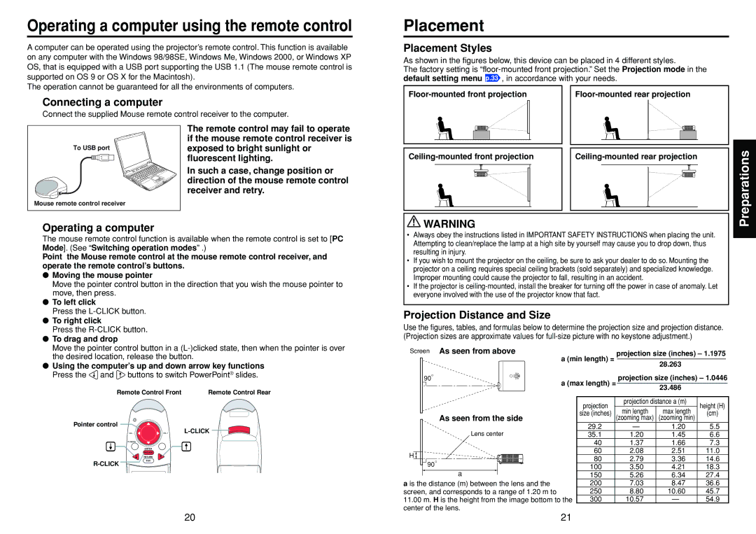 Toshiba TDP-T40 (XGA) Connecting a computer, Placement Styles, Operating a computer, Projection Distance and Size 