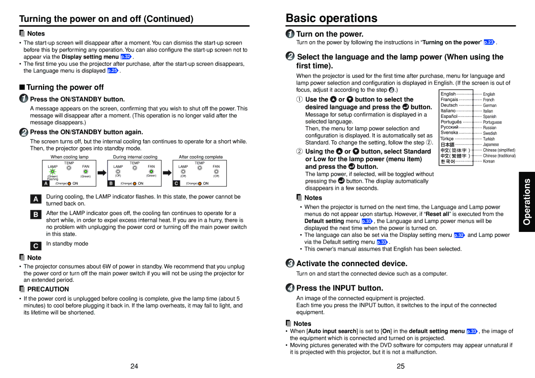 Toshiba TDP-T40 (XGA) owner manual Basic operations, Turning the power on and off 