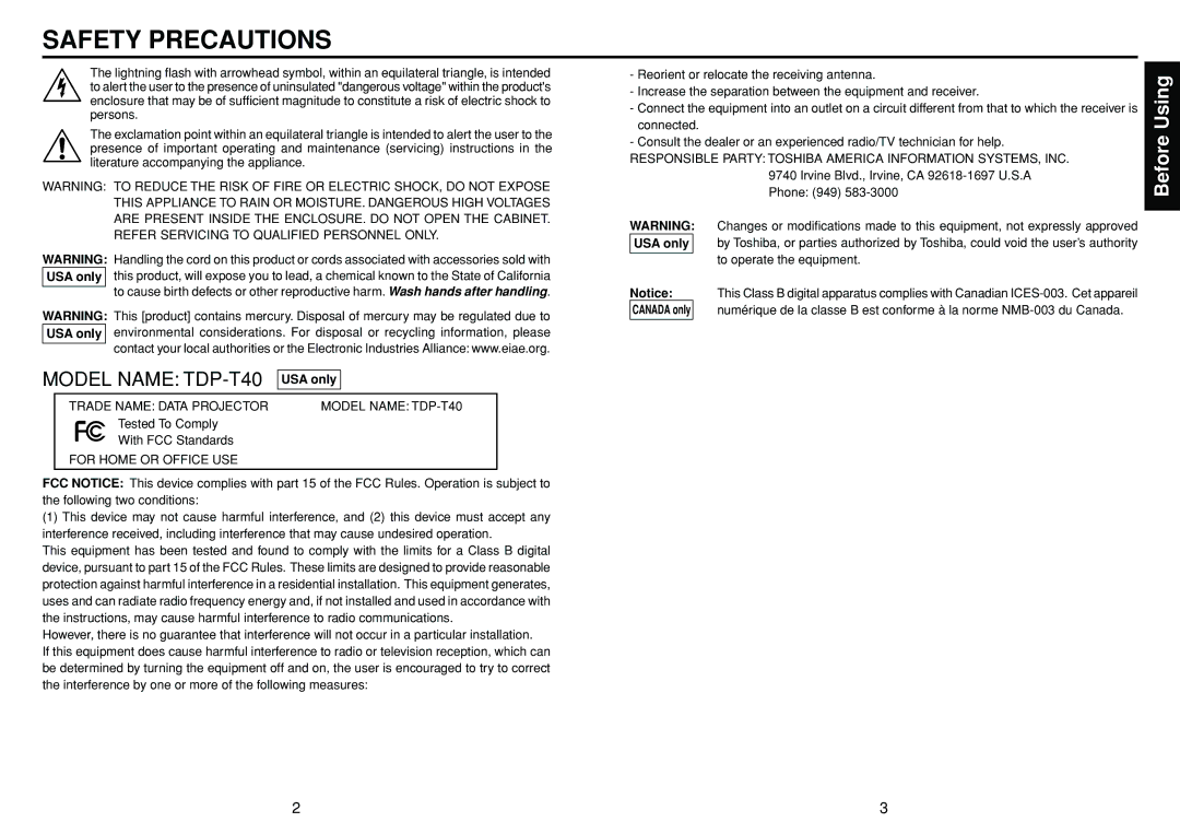 Toshiba TDP-T40 (XGA) owner manual Safety Precautions, Before Using, USA only, Tested To Comply With FCC Standards 