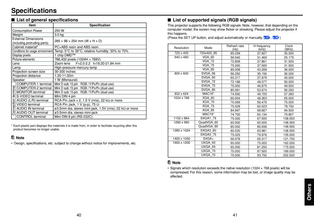 Toshiba TDP-T40 (XGA) owner manual Specifications, List of general specifications, List of supported signals RGB signals 