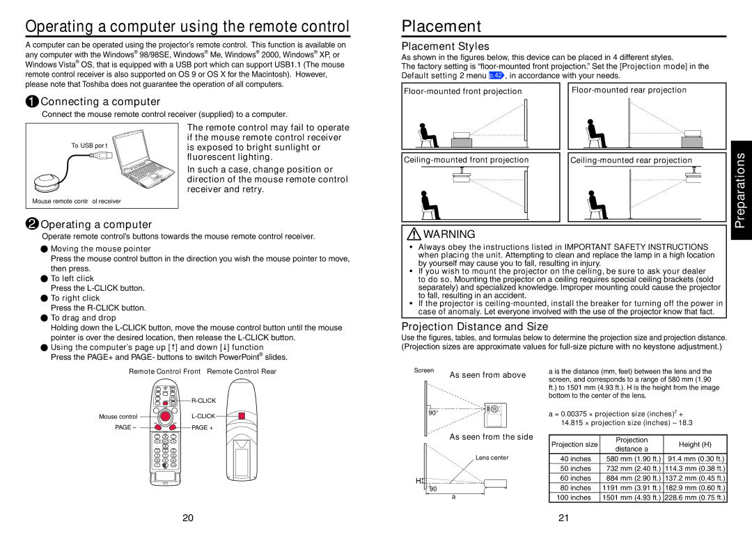 Toshiba TDP-T420 owner manual Operating a computer using the remote control, Placement 