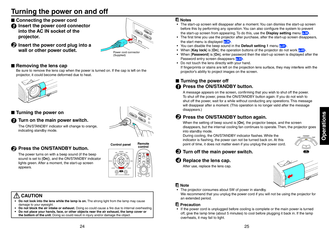 Toshiba TDP-T420 owner manual Turning the power on and off,  Turning the power on Turn on the main power switch 