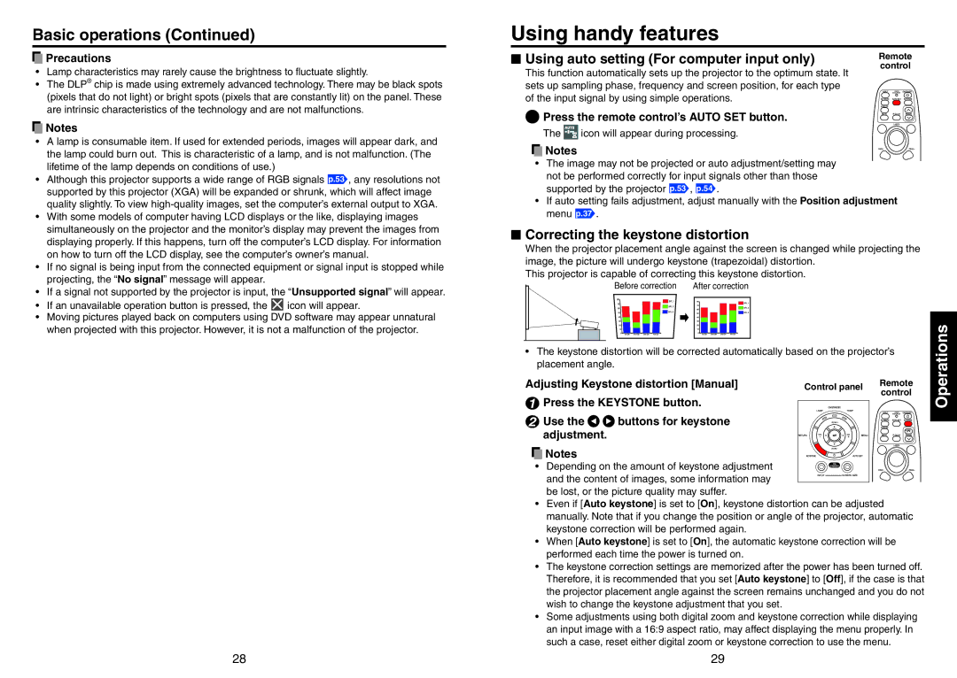 Toshiba TDP-T420 owner manual Using handy features, Basic operations, Using auto setting For computer input only 