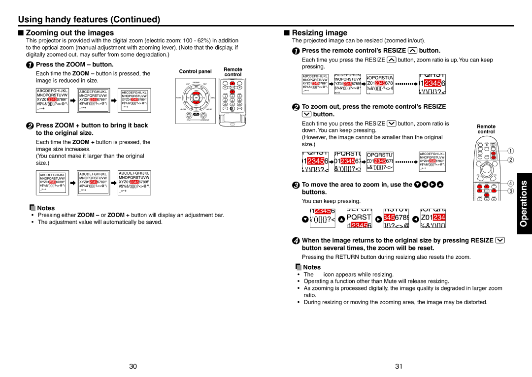 Toshiba TDP-T420 owner manual Using handy features,  Zooming out the images,  Resizing image 