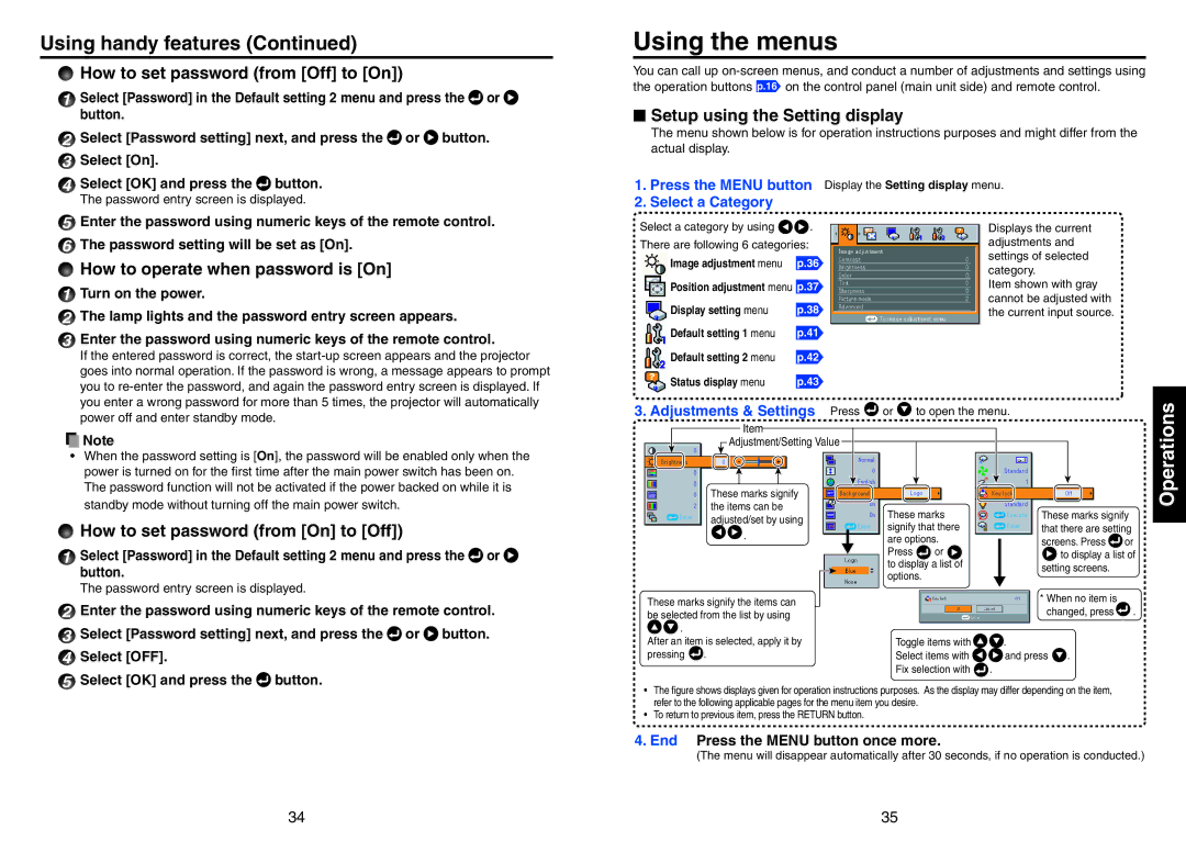 Toshiba TDP-T420 owner manual Using the menus, How to set password from Off to On,  Setup using the Setting display 