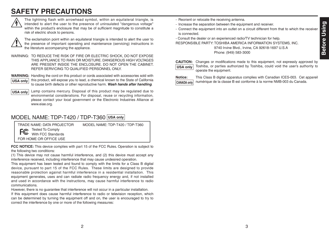 Toshiba TDP-T420 owner manual Safety Precautions, USA only 