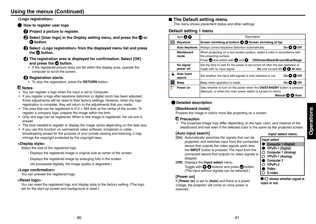 Toshiba TDP-T420 owner manual Default setting menu 