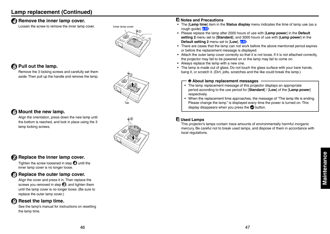 Toshiba TDP-T420 owner manual Lamp replacement 