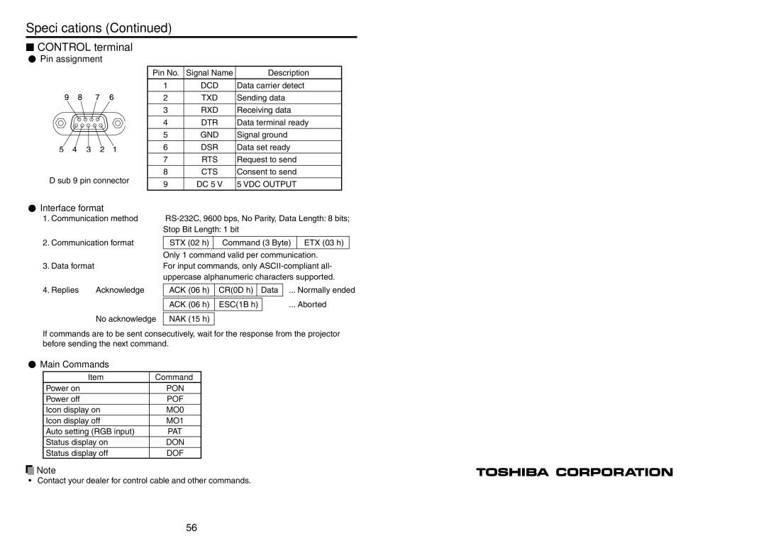 Toshiba TDP-T420 owner manual  Control terminal,  Pin assignment,  Interface format,  Main Commands 