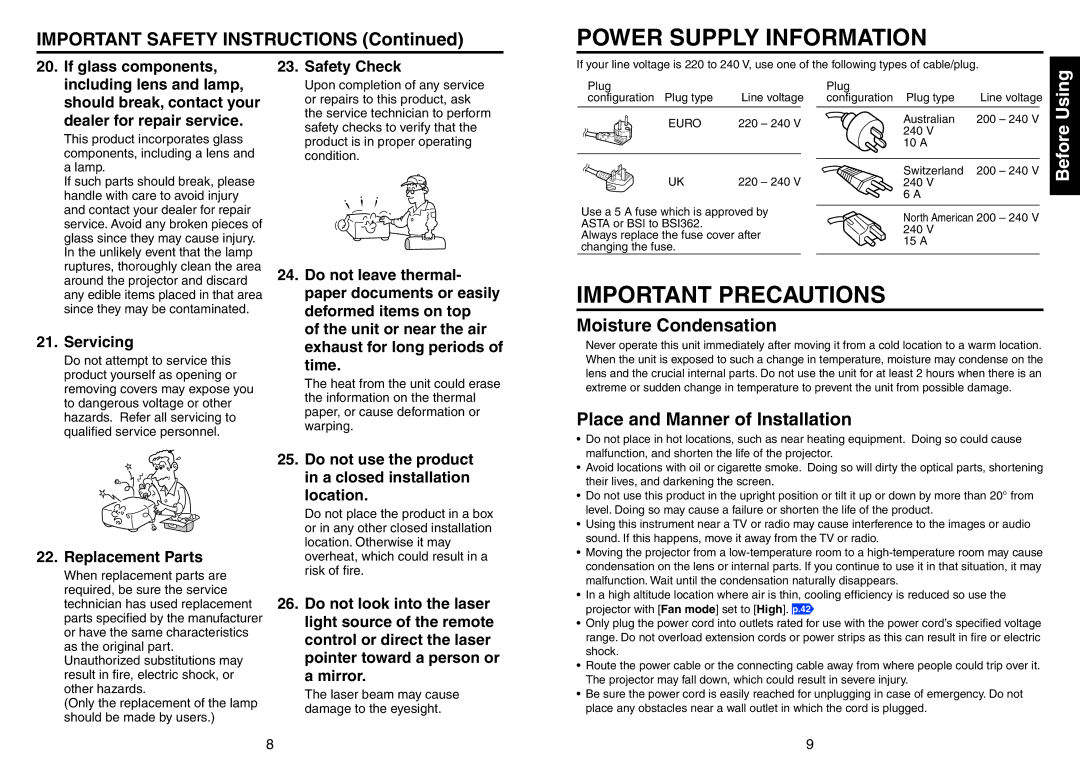 Toshiba TDP-T420 Power Supply Information, Important Precautions, Moisture Condensation, Place and Manner of Installation 